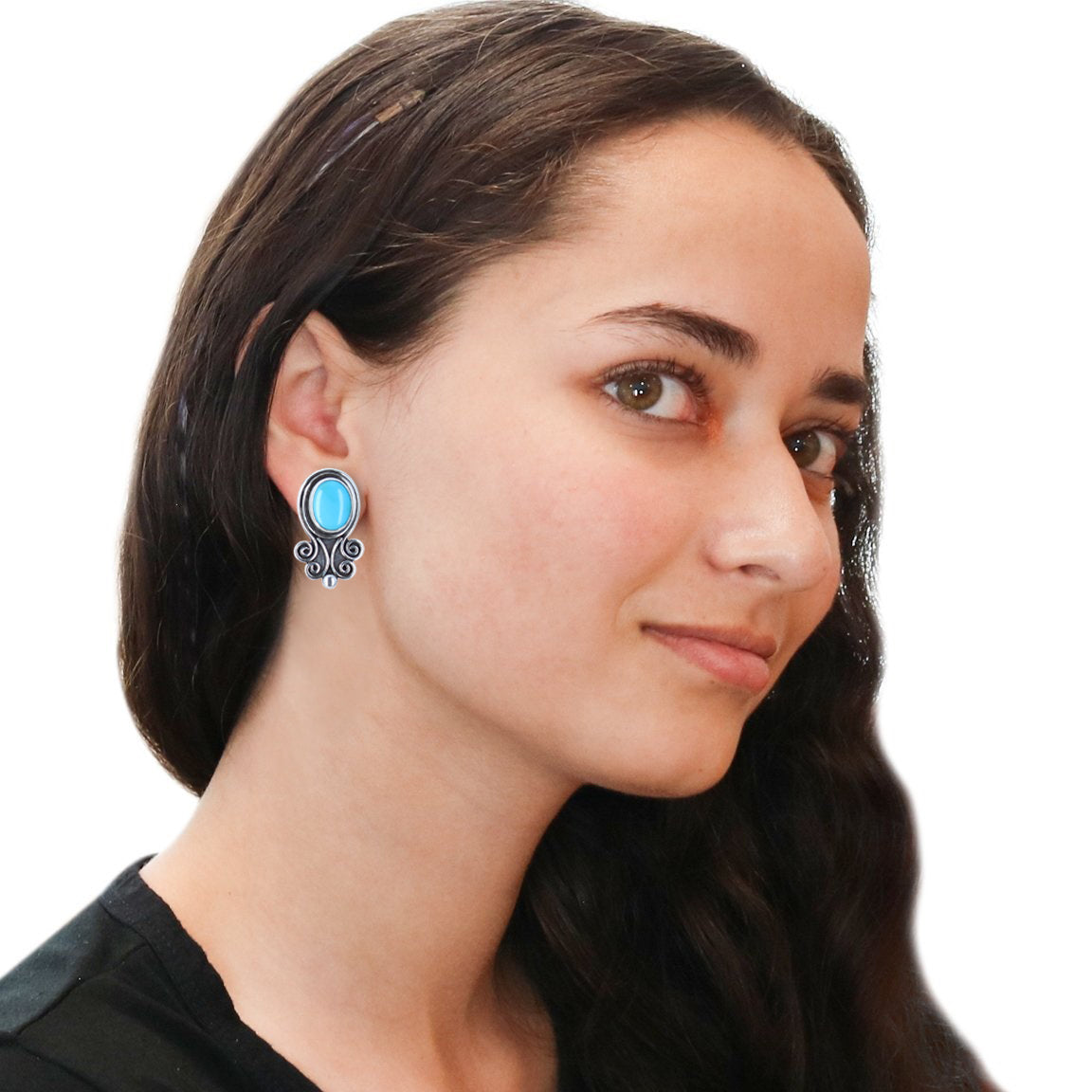 Sleeping Beauty Turquoise Earrings Posts Scroll Design -NewWorldGems