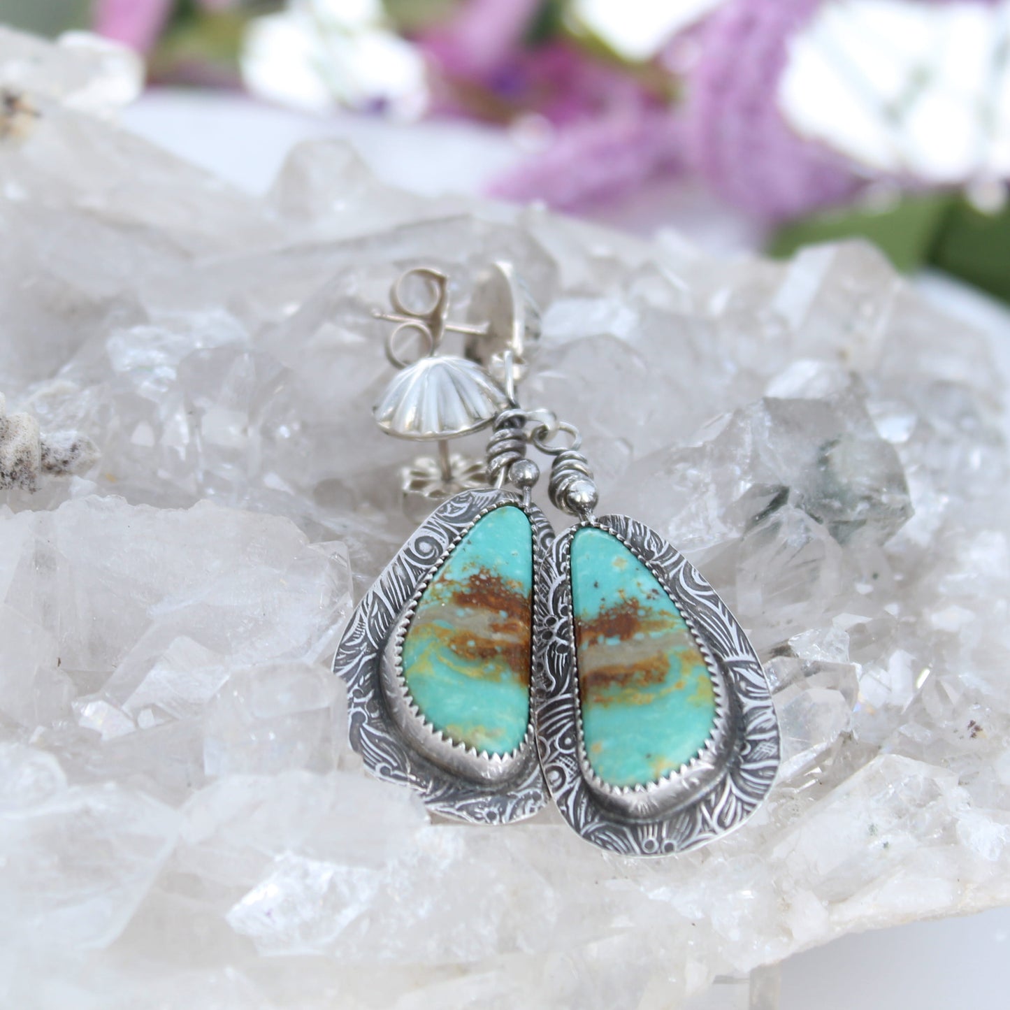 Mint Green Royston Turquoise Earrings Patterned Sterling Sunburst Posts
