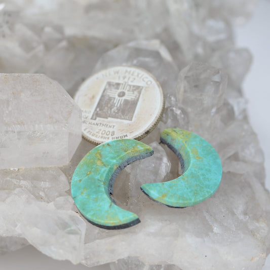 Large Blue Green and Golden Kingman Turquoise Crescent Moon Cabochon Pair