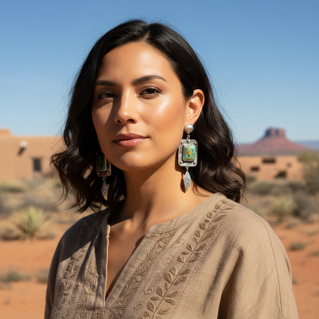 Geometric Patterned Emerald Green Royston Turquoise Earrings Southwest 2.7"