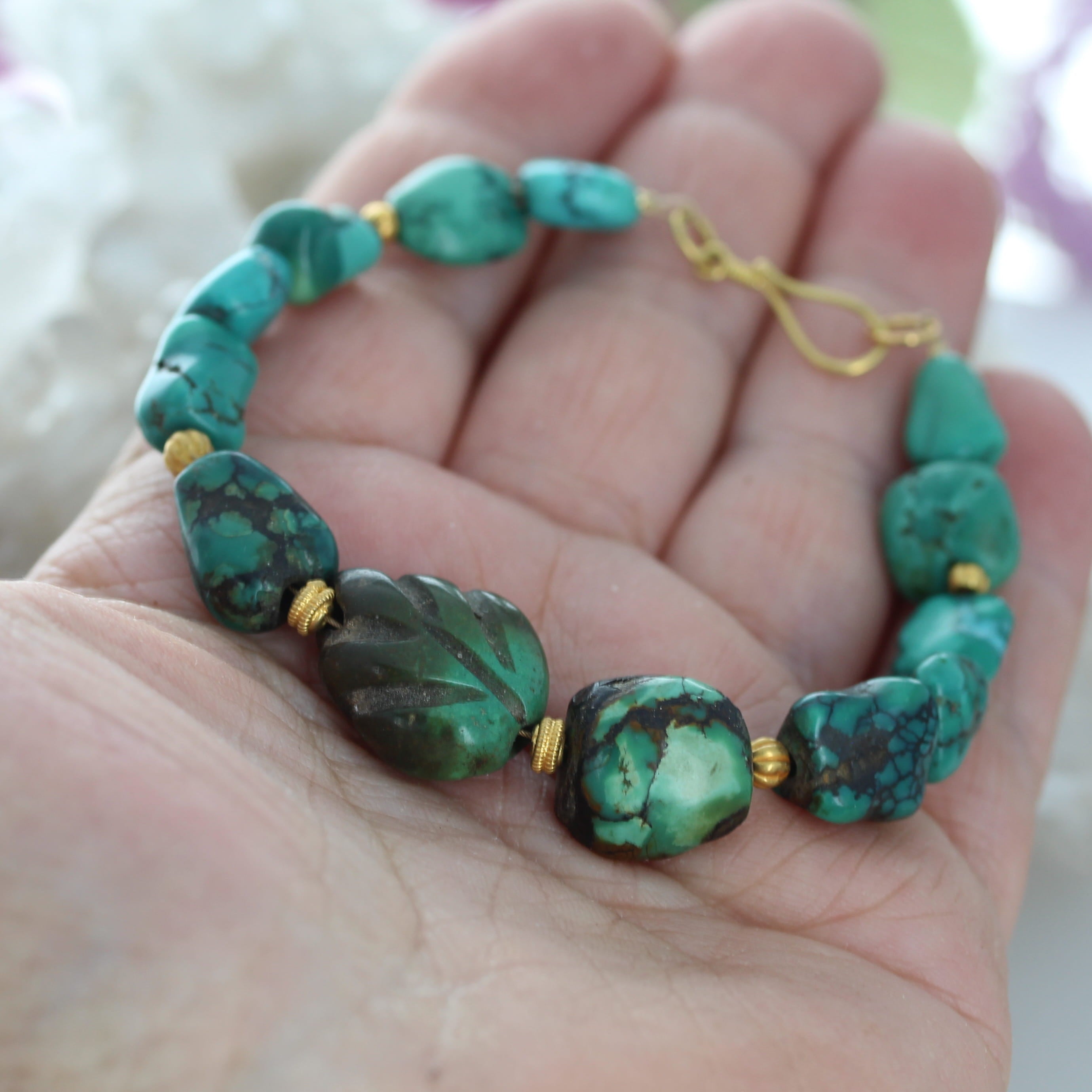 Stunning Antique Tibetan Turquoise and 18K Gold Bracelet