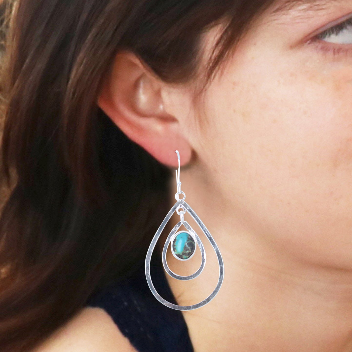 Blue Moon Turquoise Earrings Double Hoops Sterling Silver