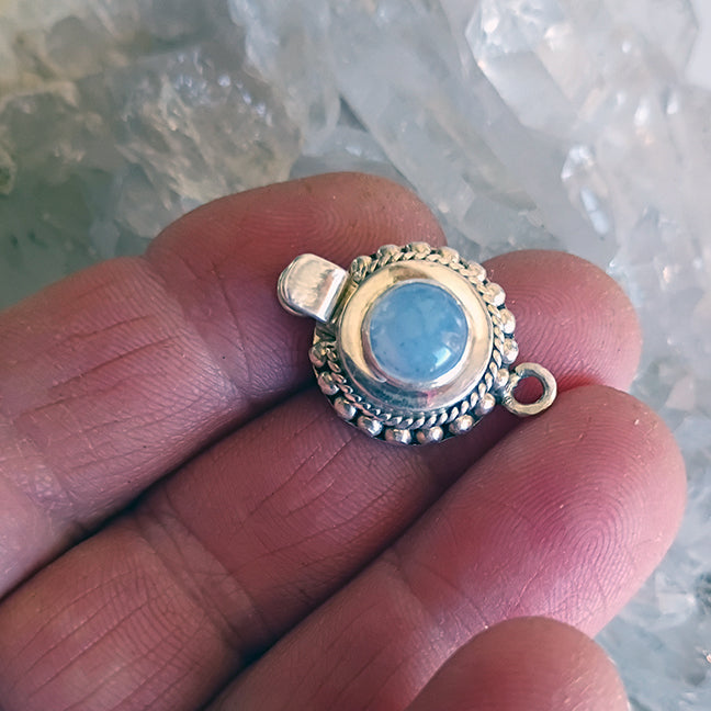 Ethereal Blue Chalcedony Clasp 6mm Round Sterling Granulated and Spiral Wire Design