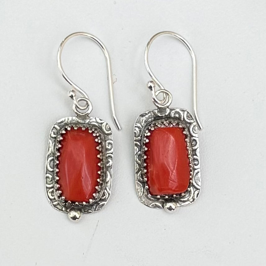 Deep Red Mediterranean Coral Earrings Sterling Silver Patterned French Ear Wires