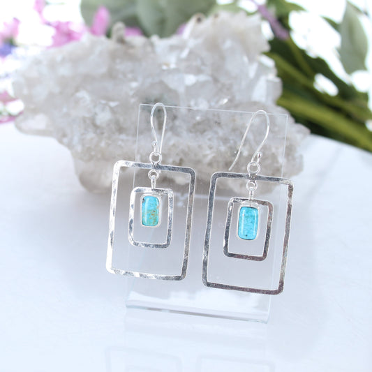 Kingman Turquoise Earrings Double Hoops Sterling Silver Rectangles