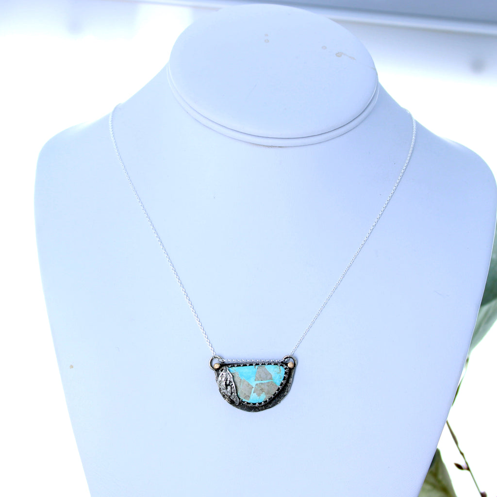 Royston Turquoise Moon Pendant Decorative 18K Gold and Sterling Necklace