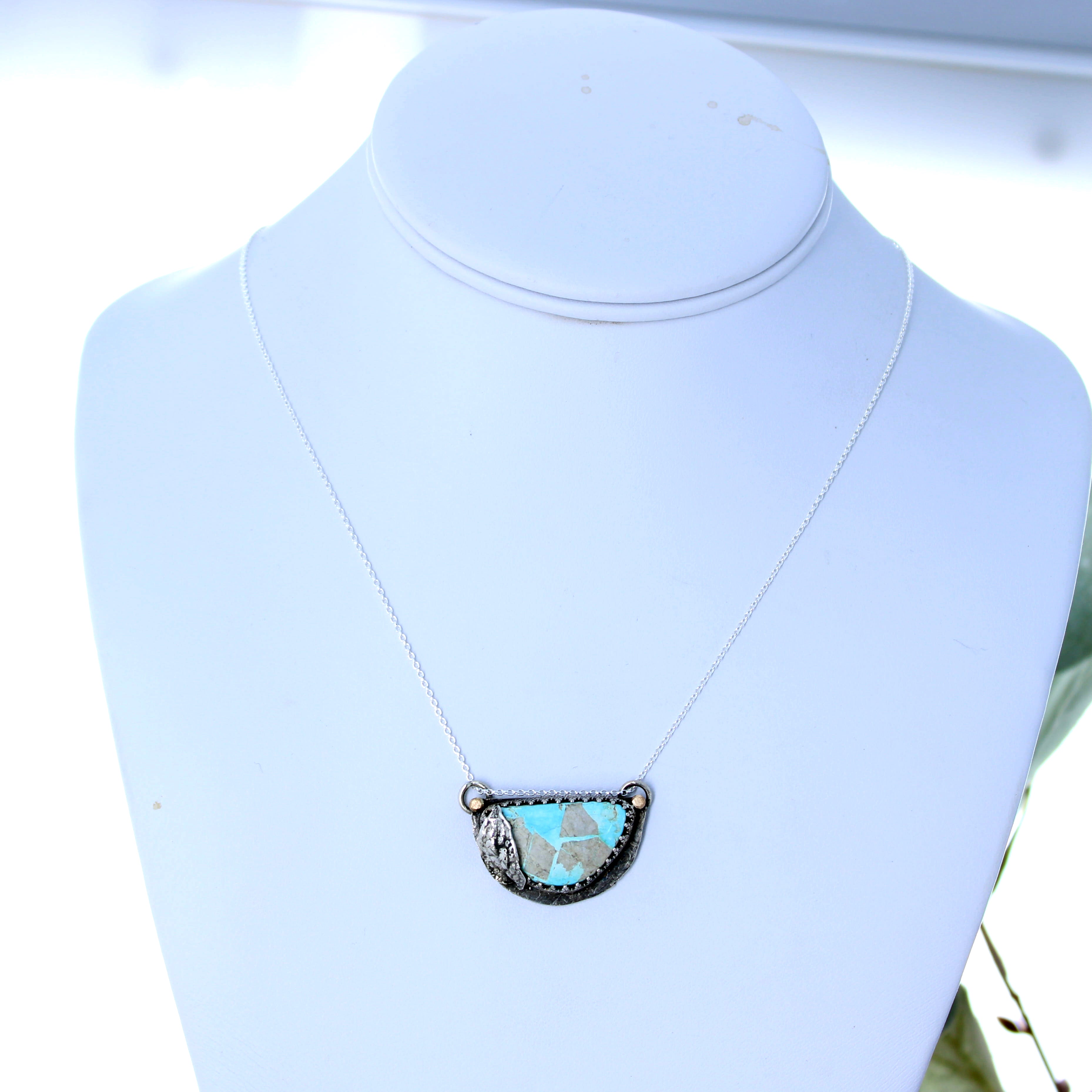 Royston Turquoise Moon Pendant Decorative 18K Gold and Sterling Necklace