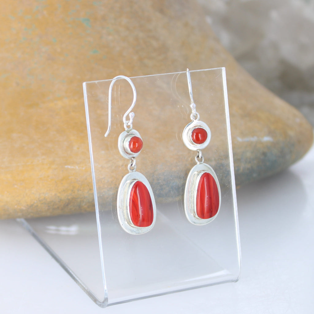 Gorgeous Red Rosarita Gold Slag Glass Earrings with Coral Sterling Silver