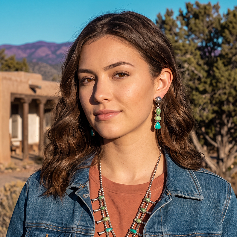 AAA Sonoran Gold Turquoise Earrings 3 Stone with Sunburst Post Design