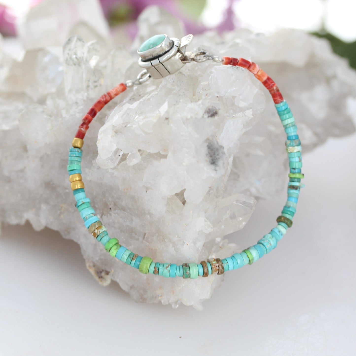 AAA Carico Lake Turquoise Spiny Oyster Bracelet Sterling Silver and 18K Gold