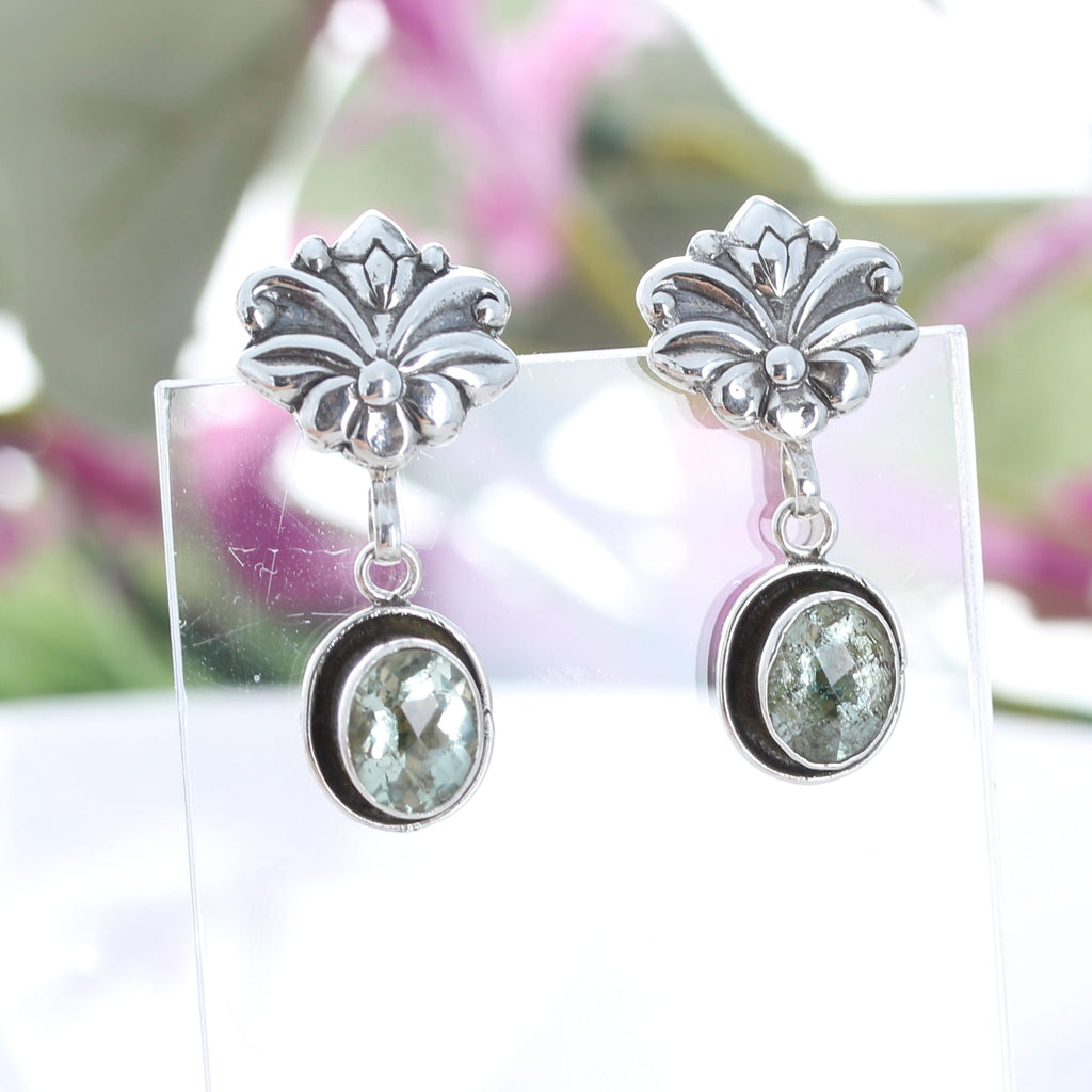 Faceted Green Amethyst Floral Sterling Silver Earrings