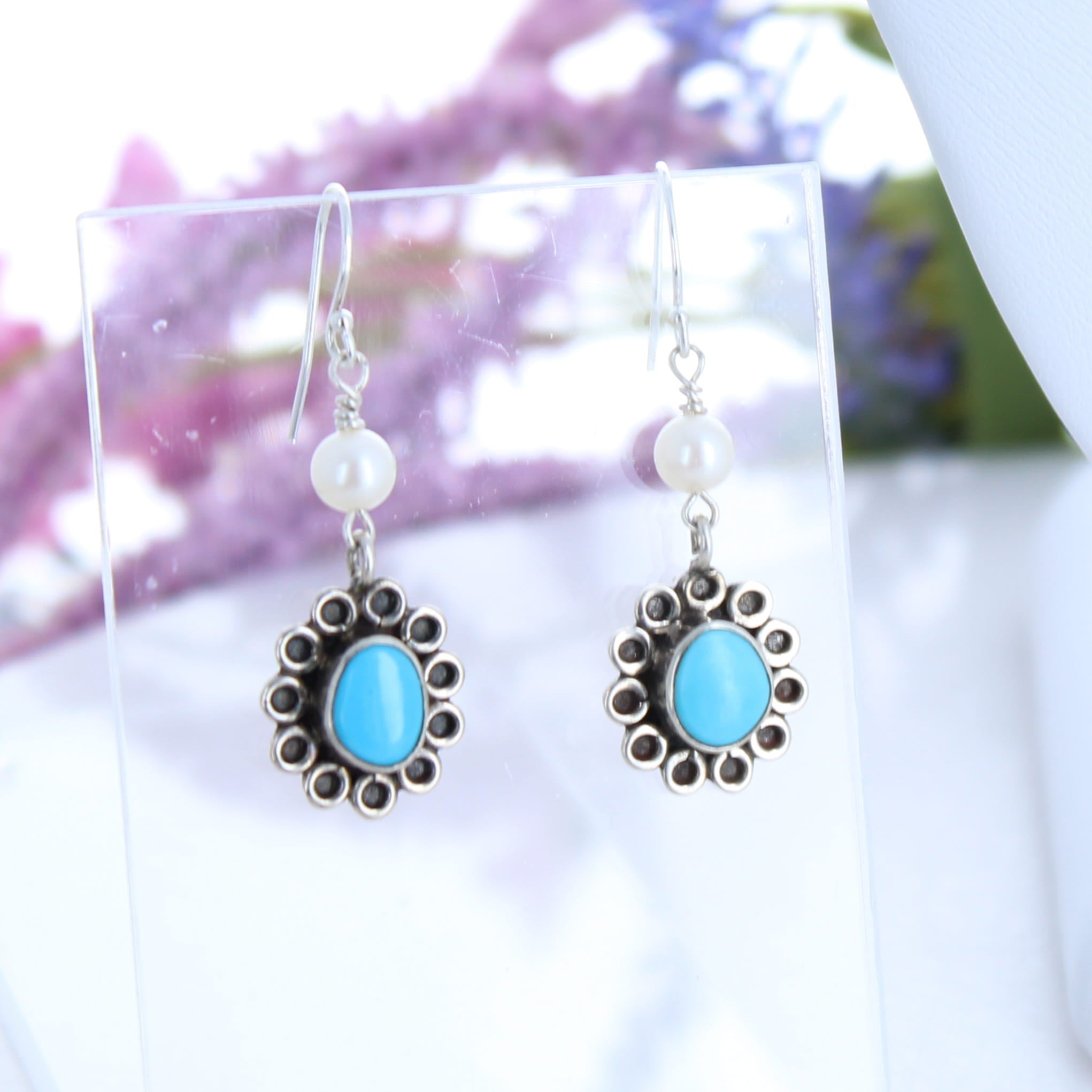 Sleeping Beauty Turquoise and Pearl Flower Earrings Sterling