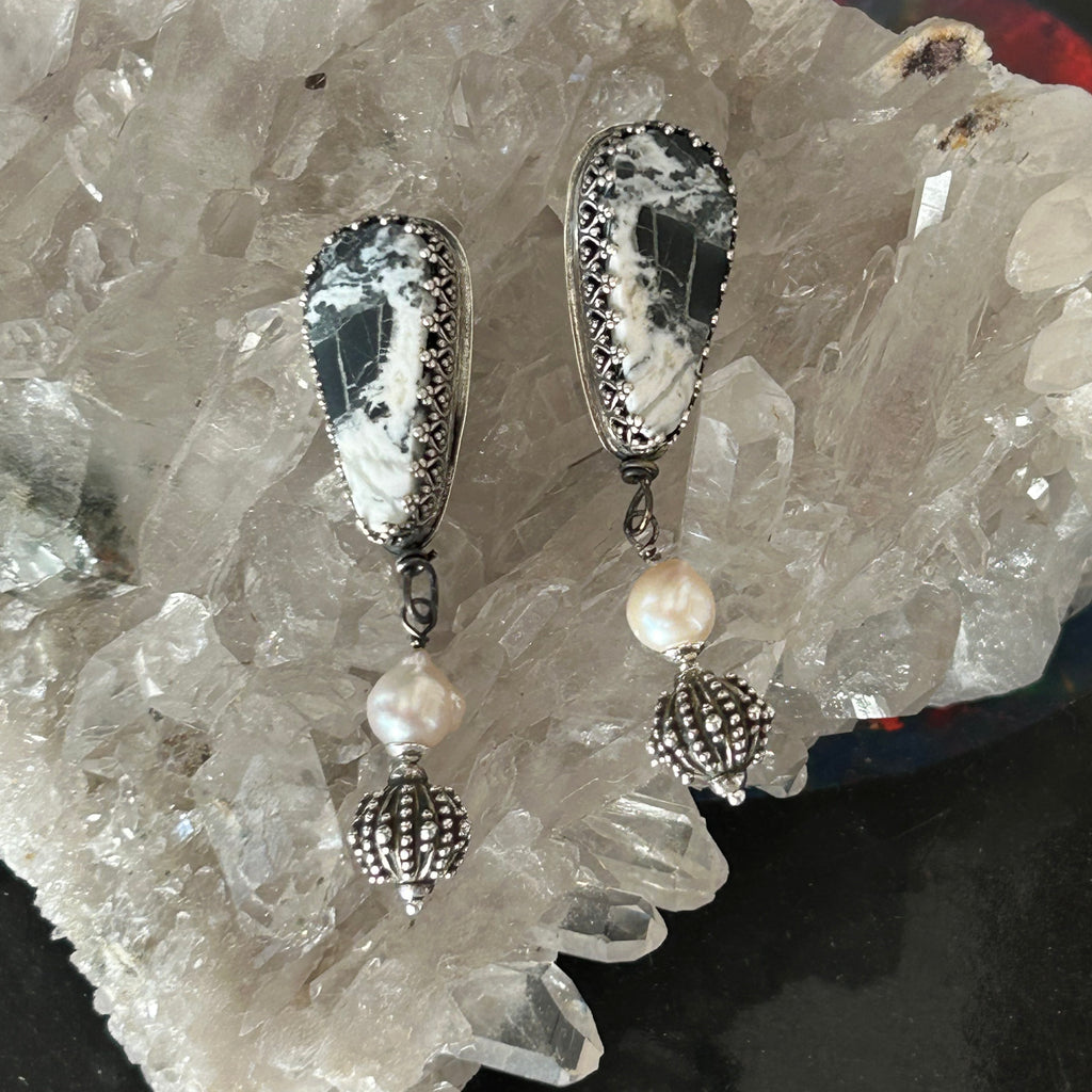 AAA WHITE BUFFALO Turquoise and Pearl Earrings Sterling
