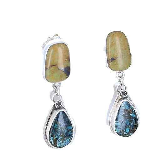 Olive Green and Deep Blue Black Hubei Turquoise Earrings Sterling
