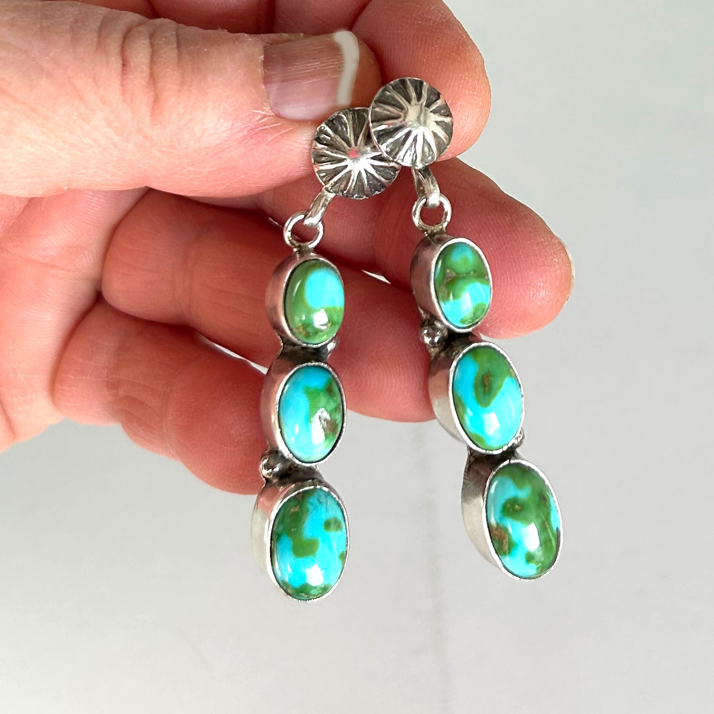 Sonoran Gold Turquoise Earrings 3 Stone with Sunburst Post Design