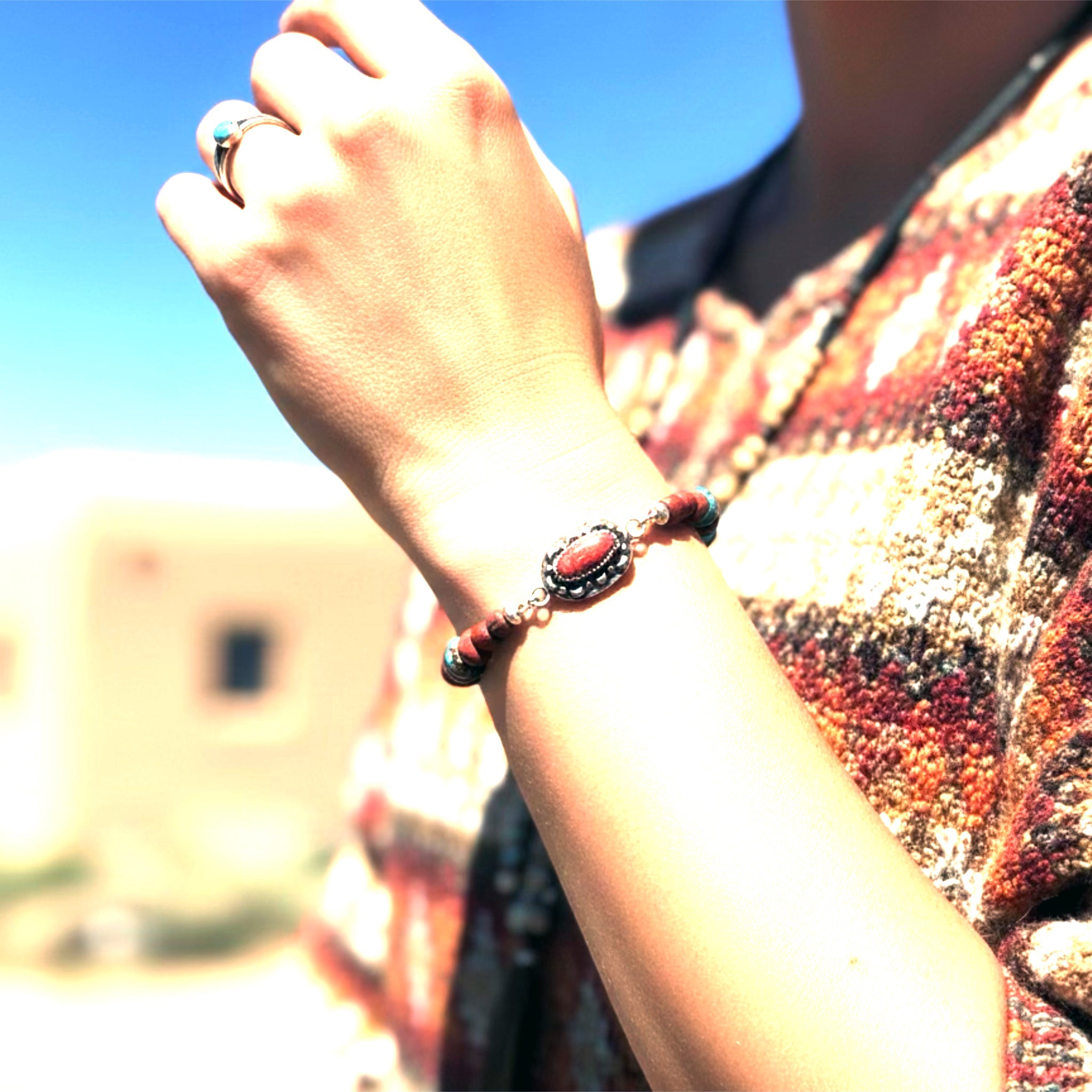 Antique Red Roman Glass and Turquoise Bracelet One of a Kind