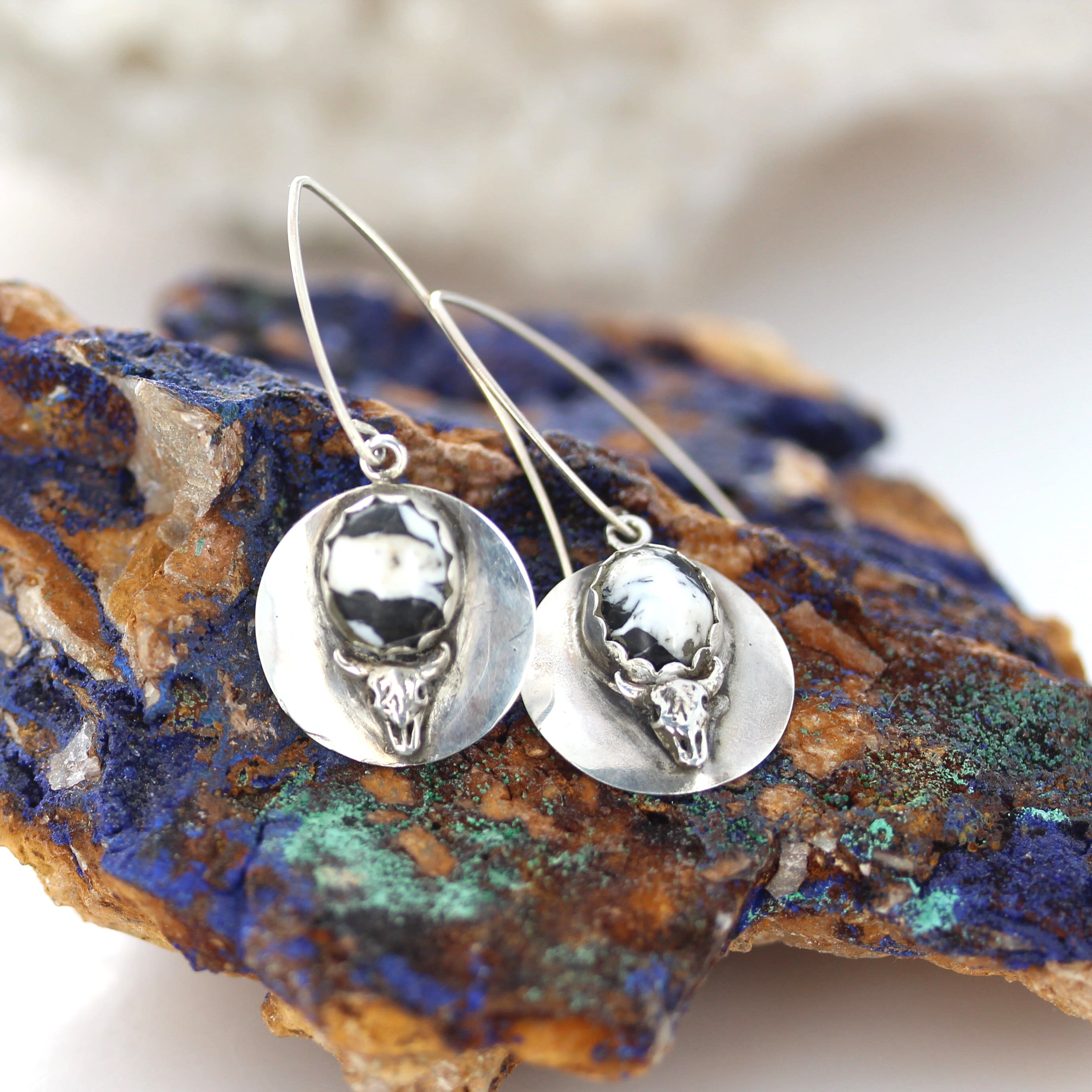 Rare White Buffalo Turquoise Earrings Sterling Cow Skull