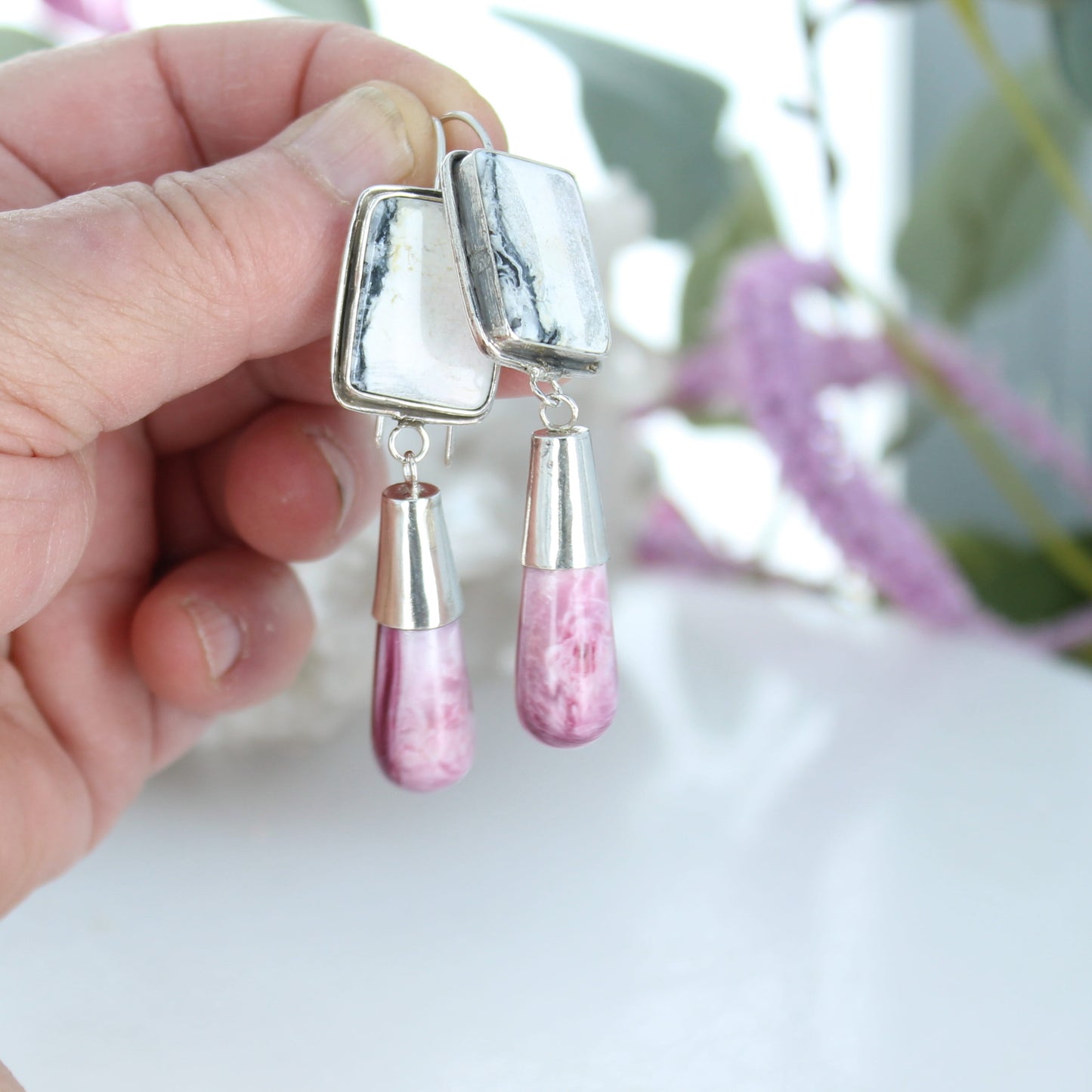 Nevada White Buffalo and Purple Spiny Oyster Teardrop Earrings Sterling