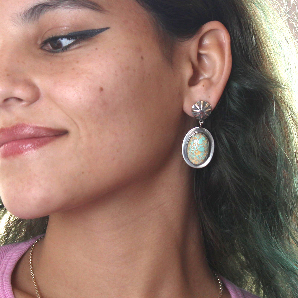 Carico Lake Turquoise Earrings Pseudomorph Clam Ovals Sterling -NewWorldGems
