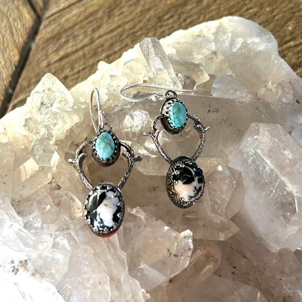 White Buffalo and Carico Lake Turquoise Earrings Sterling Silver Deer with Antlers