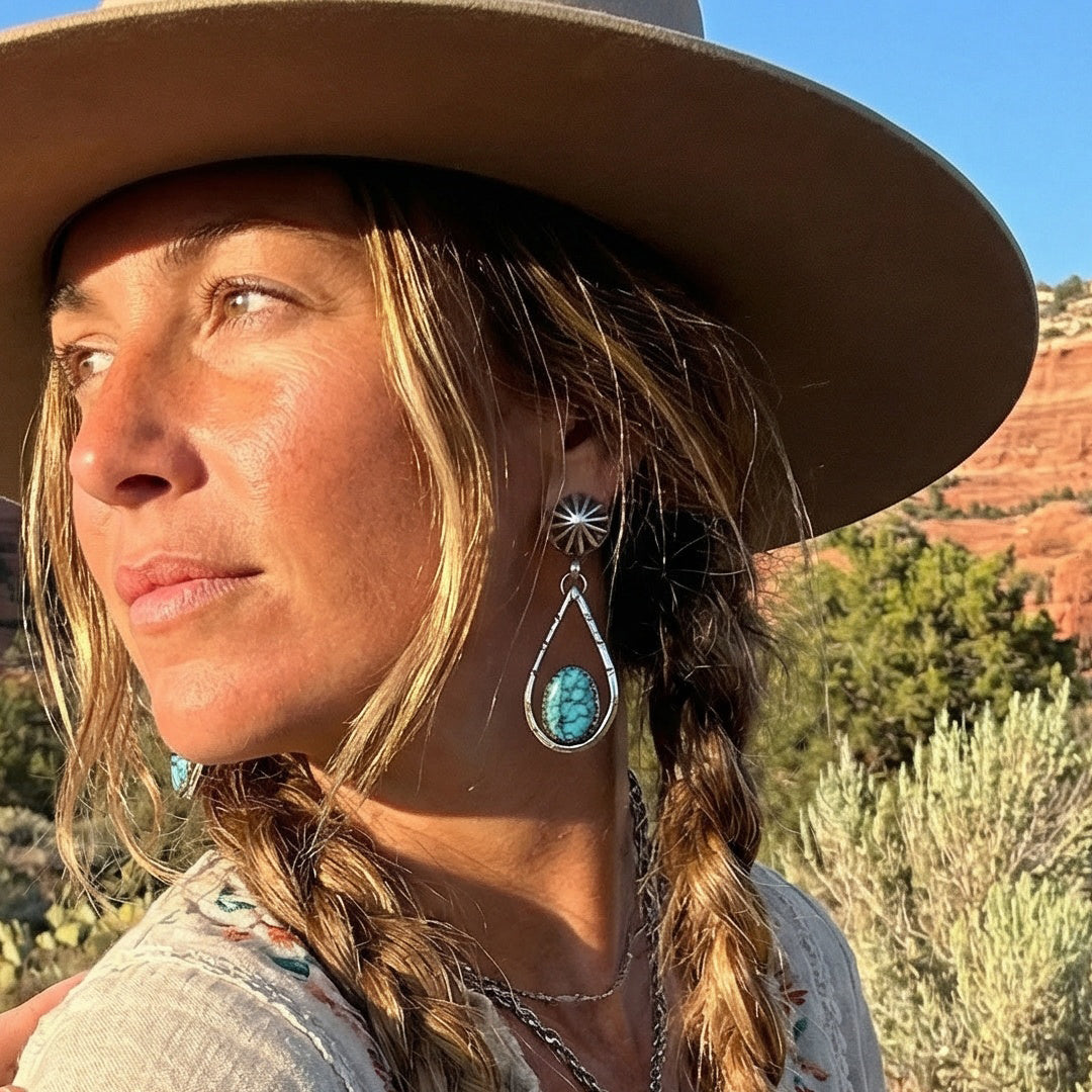 AAA Ithaca Kingman Turquoise Earrings Waterweb Large Teardrops Sterling