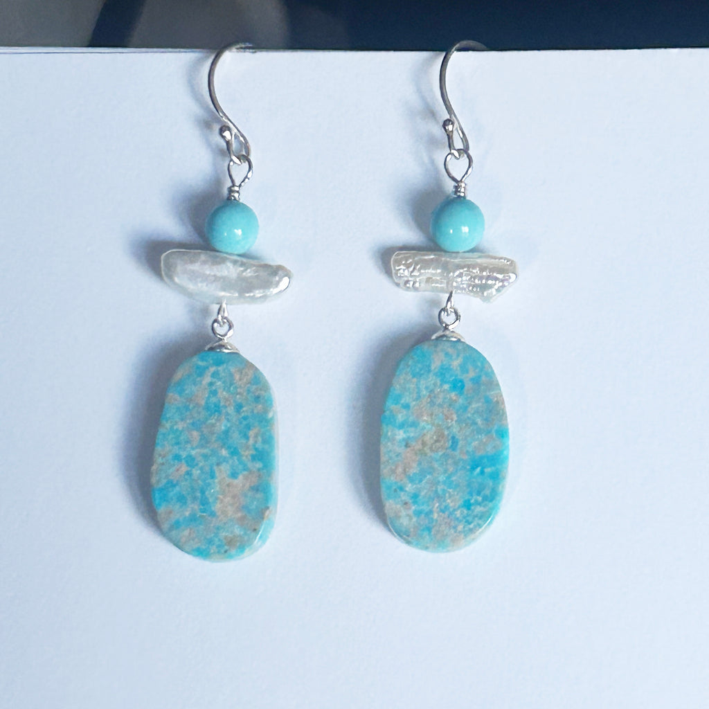 AAA Elisa Turquoise and White Biwa Pearl Earrings Sterling Silver