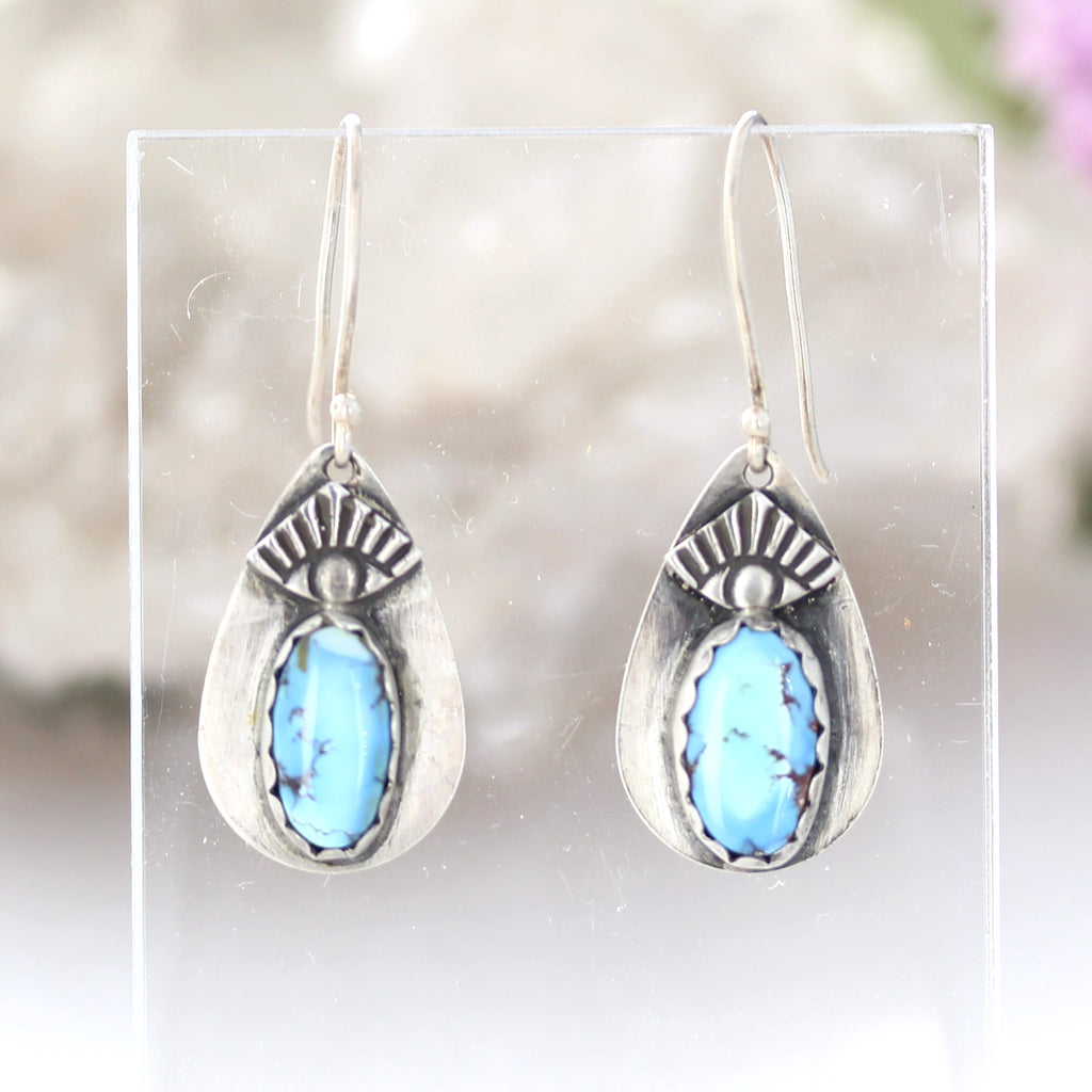 Kazkhastan Turquoise Earrings Sterling Silver Teardrops Protective Eye