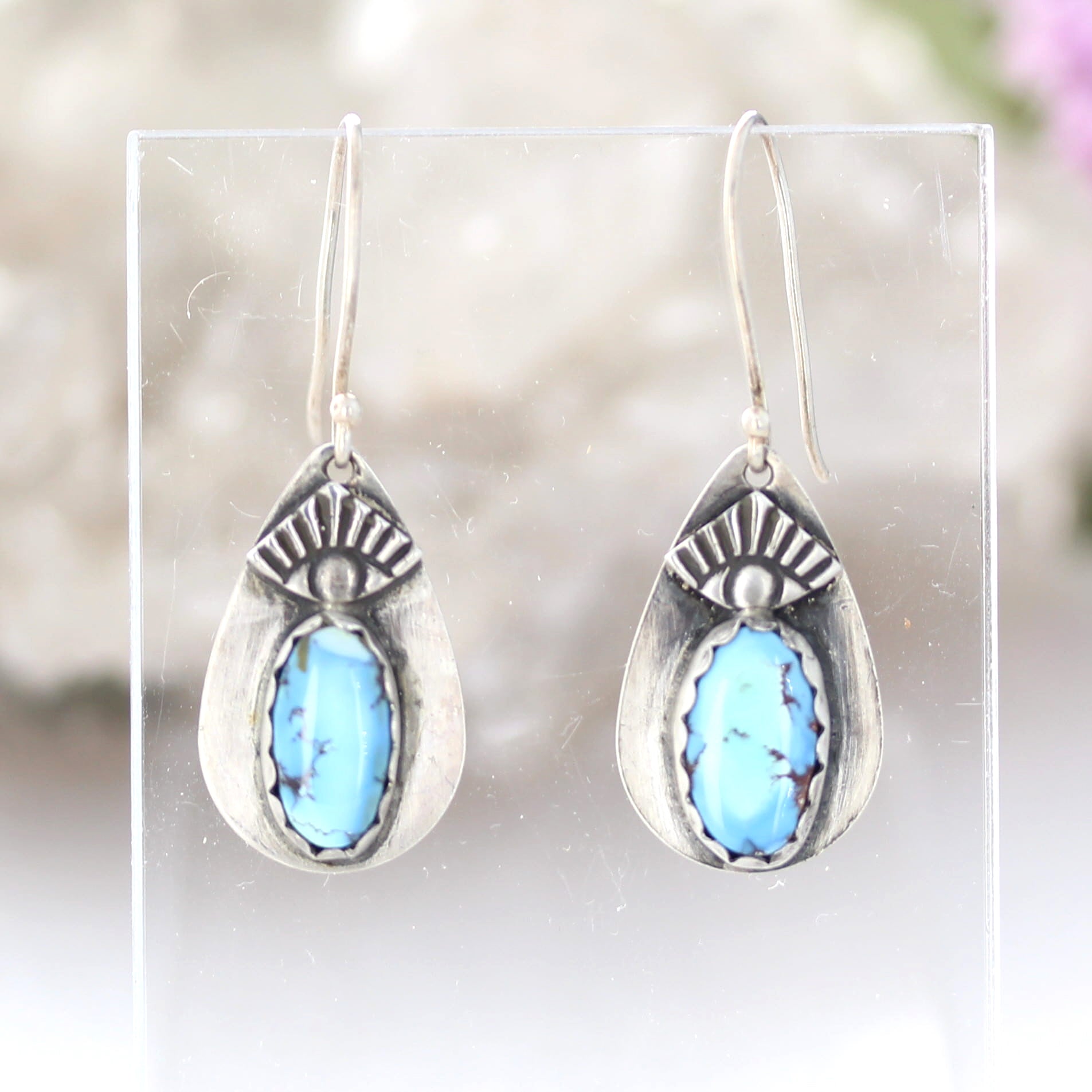 Kazkhastan Turquoise Earrings Sterling Silver Teardrops Protective Eye