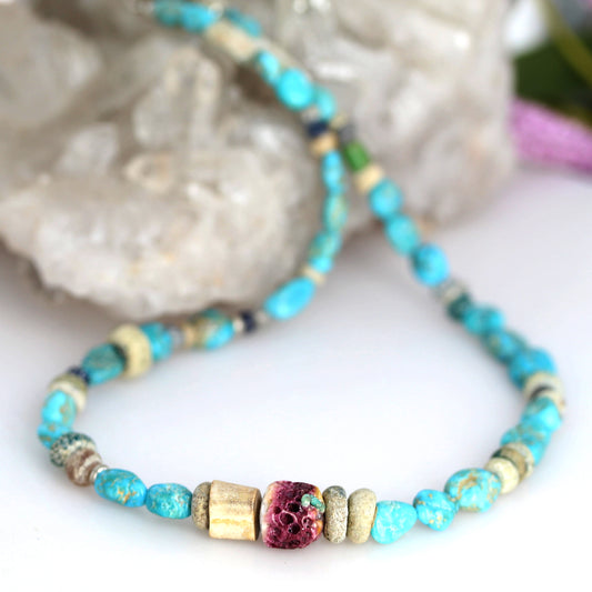 Ancient Glass Beads and Blue Ridge Orvil Jack Turquoise Necklace Sterling NewWorldGems