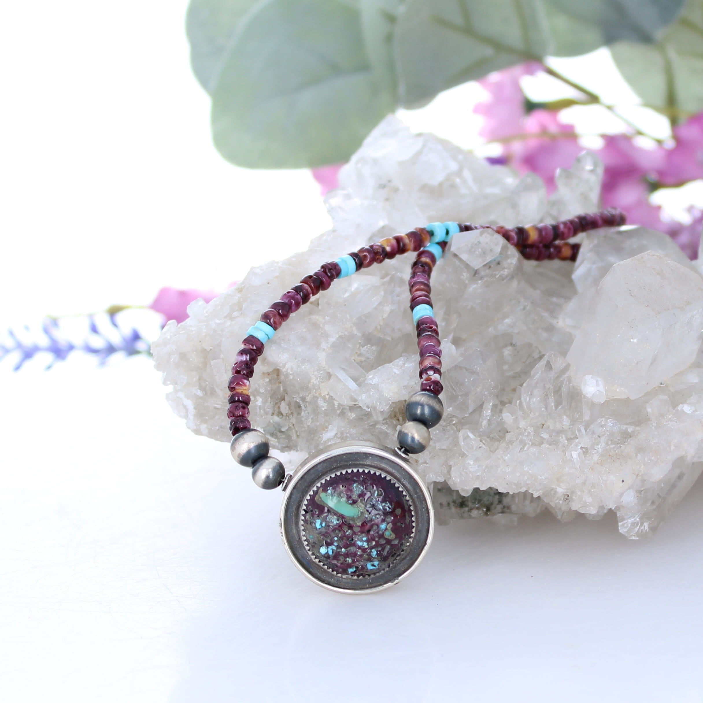 PURPLE SPINY Oyster Sleeping Beauty Turquoise Sterling Southwestern Necklace 17"