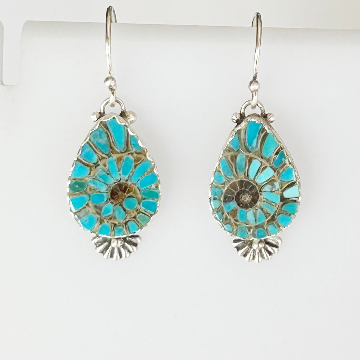 Turquoise Inlaid Fossil Ammonite Sterling Earrings 1.5" Artisan Made