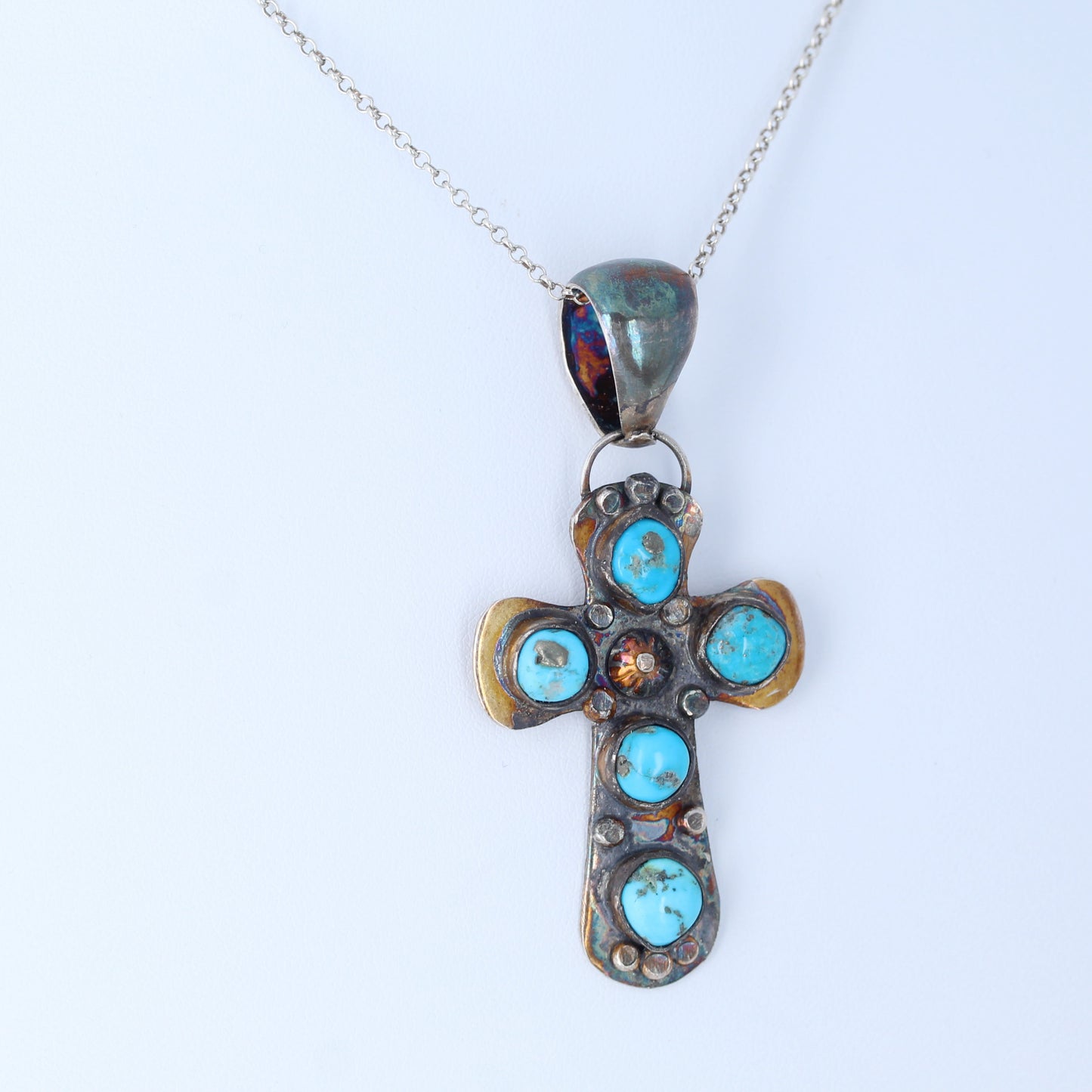 Sleeping Beauty Turquoise Cross Pendant Necklace Sterling Southwestern