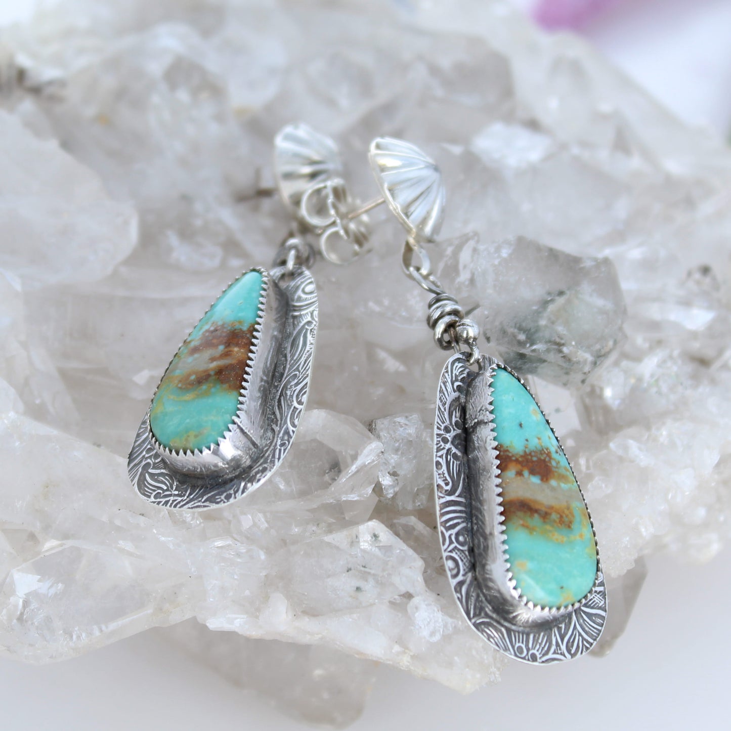 Mint Green Royston Turquoise Earrings Patterned Sterling Sunburst Posts