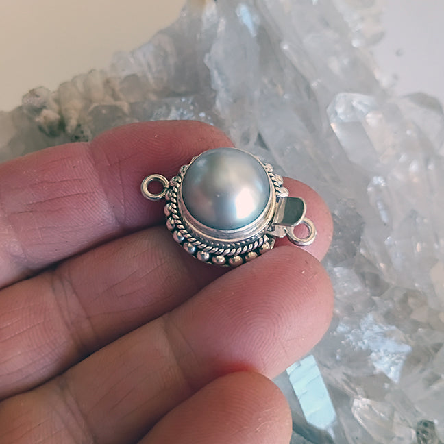 Light Silver Mabe Pearl Clasp Granulated Design 12mm Sterling