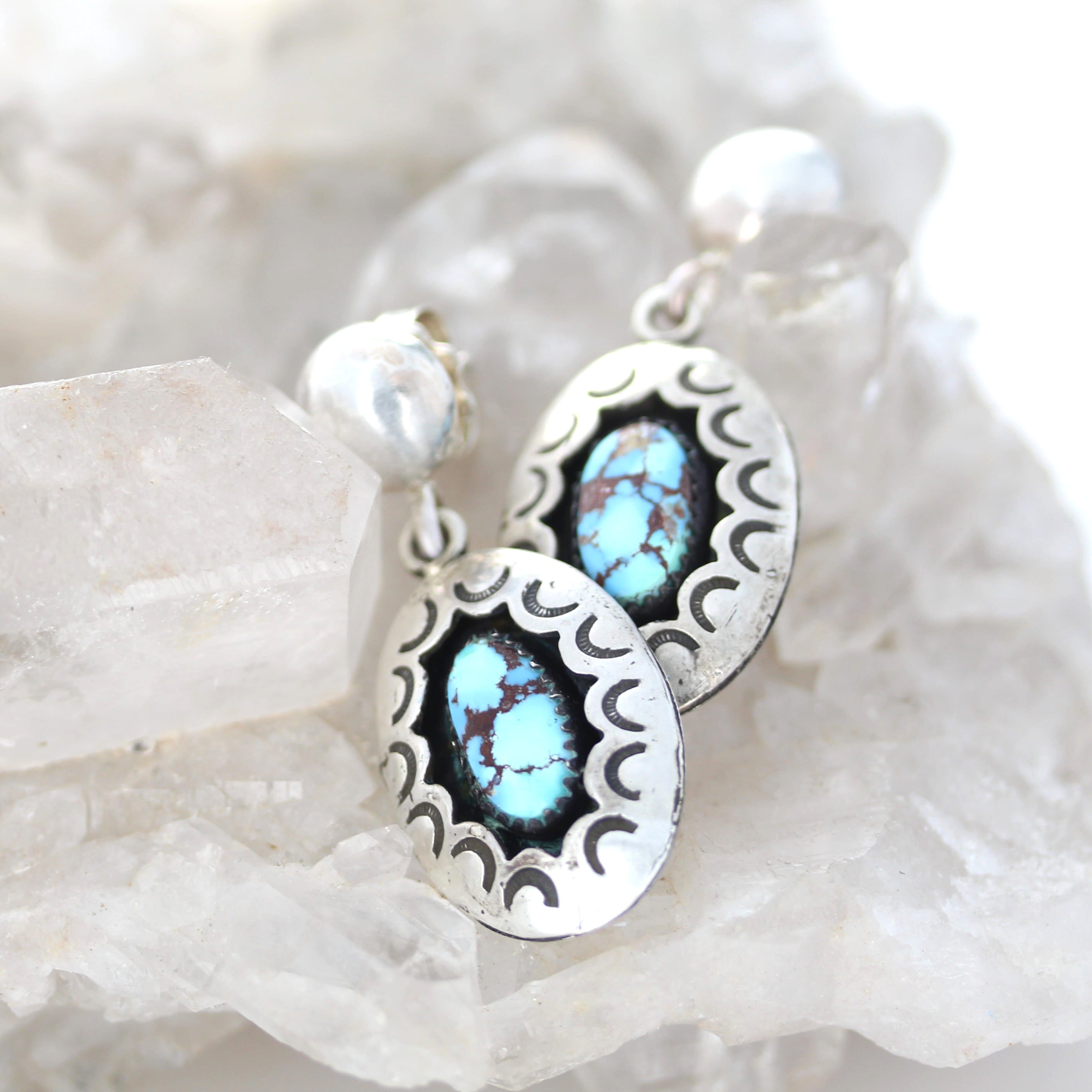 Kazakhstan Turquoise Earrings Shadow Box Oval Patterned Sterling Silver