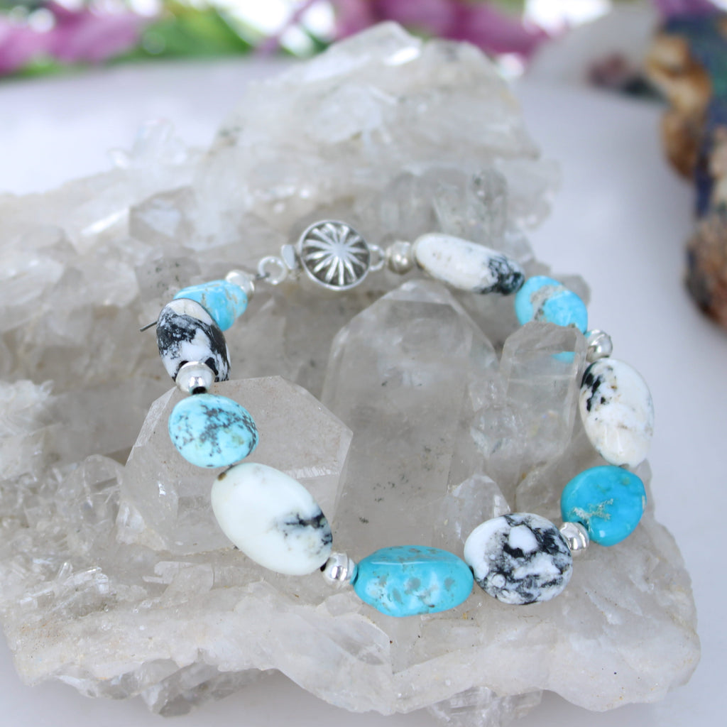 White Buffalo and Kingman Blue Turquoise Beads Bracelet Sterling Silver