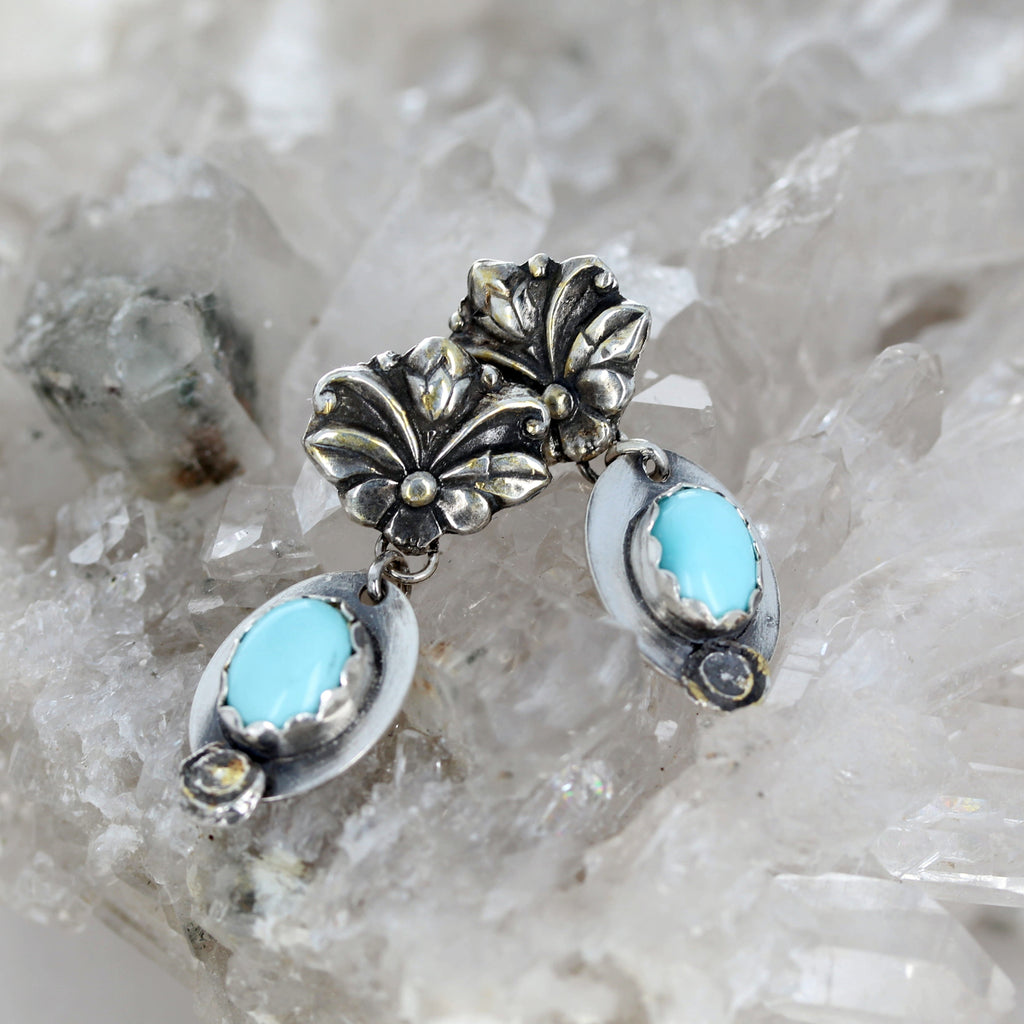 Lone Mountain Turquoise Sterling and Gilded 18K Gold Earrings Florals v