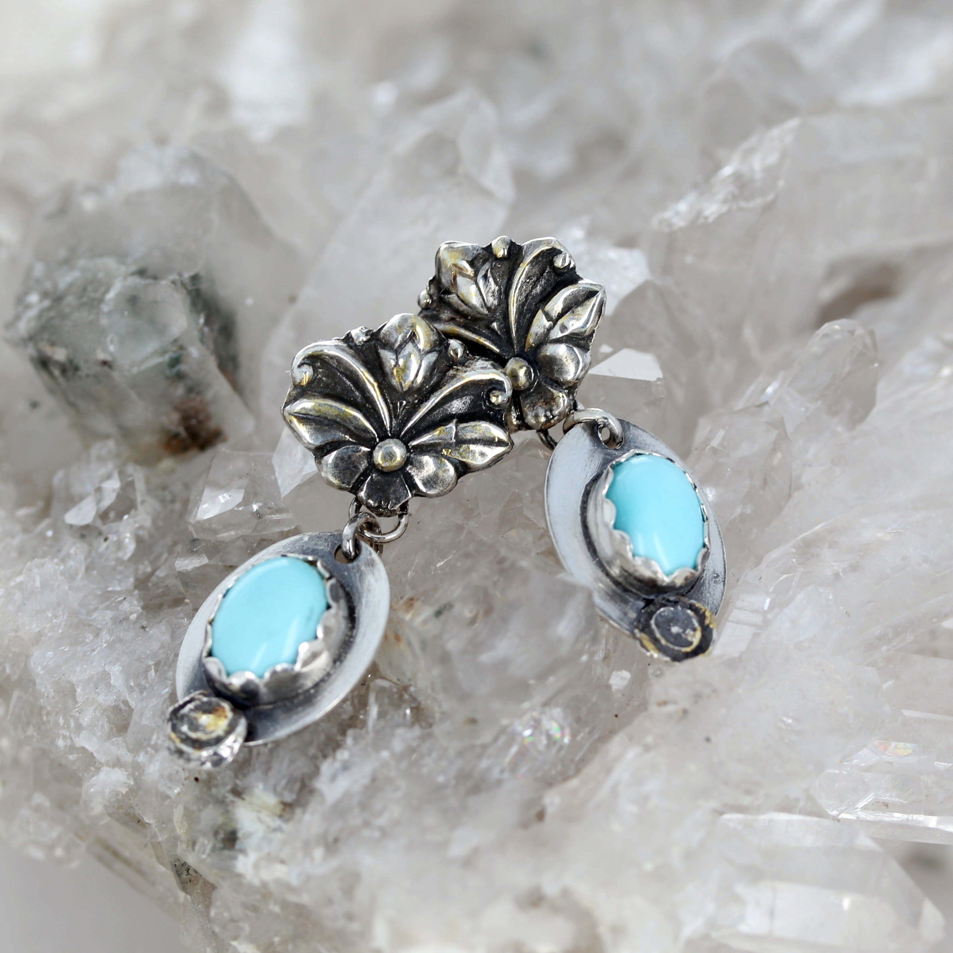 Lone Mountain Turquoise Sterling and Gilded 18K Gold Earrings Florals v