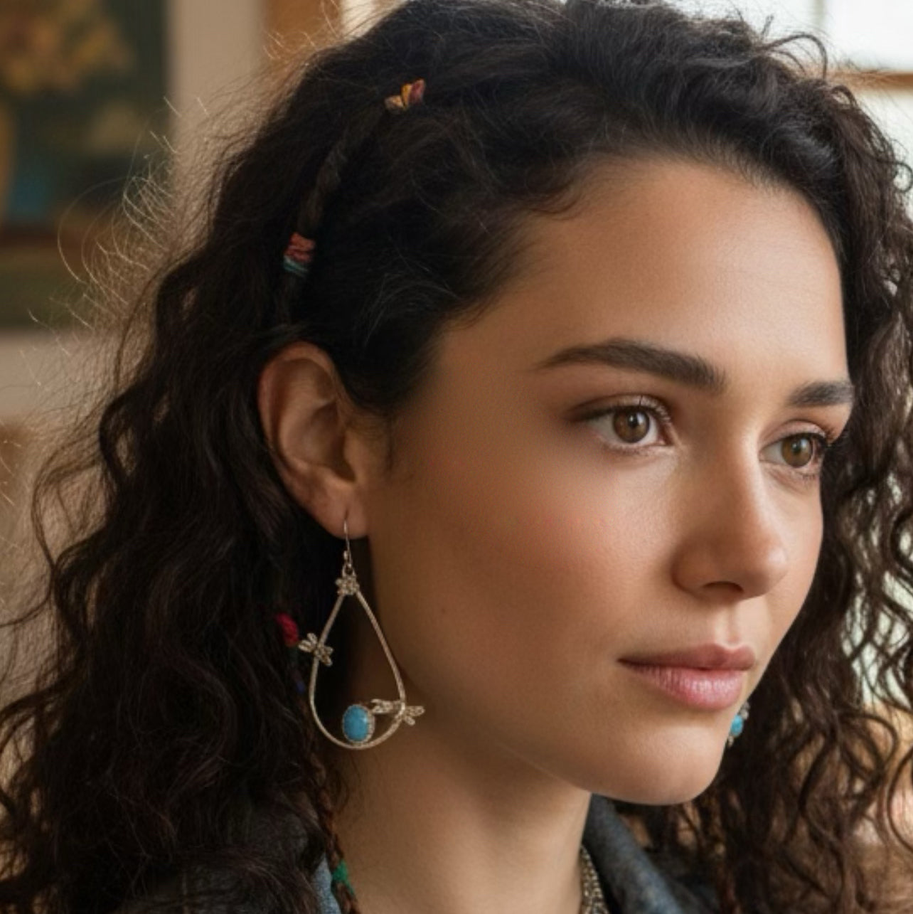 KAZAKHSTAN TURQUOISE Earrings Sterling Silver Teardrop Hoops Dragonflys