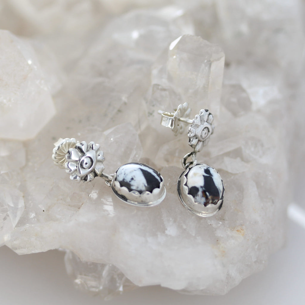 Protective Eye WHITE BUFFALO RIBBON Turquoise Earrings Sterling Ovals