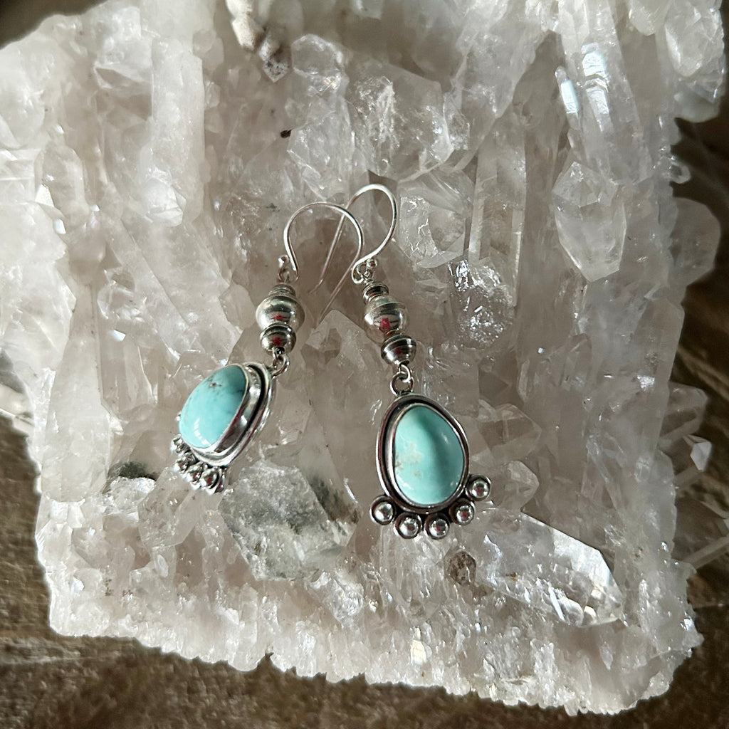 Navajo Pearls and Blue Kingman Turquoise Earrings Free Form Sterling
