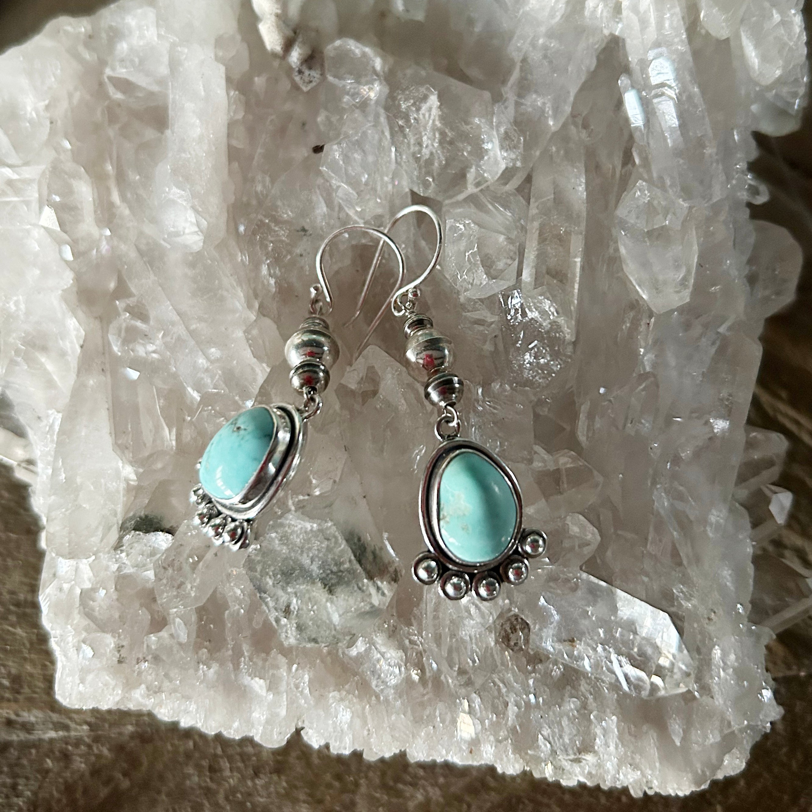 Navajo Pearls and Blue Kingman Turquoise Earrings Free Form Sterling