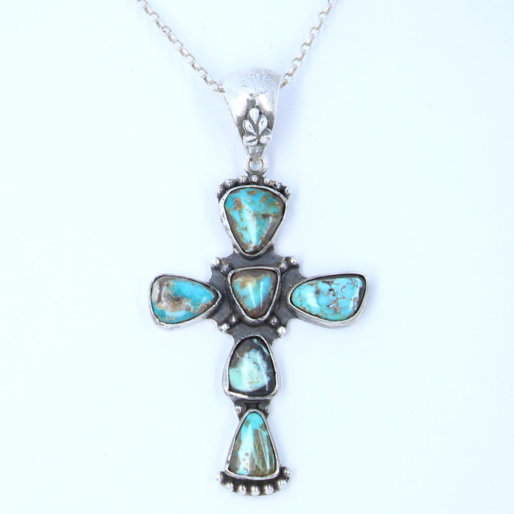 Vintage Carico Lake Turquoise Cross Pendant Sterling Silver Santa Fe Style