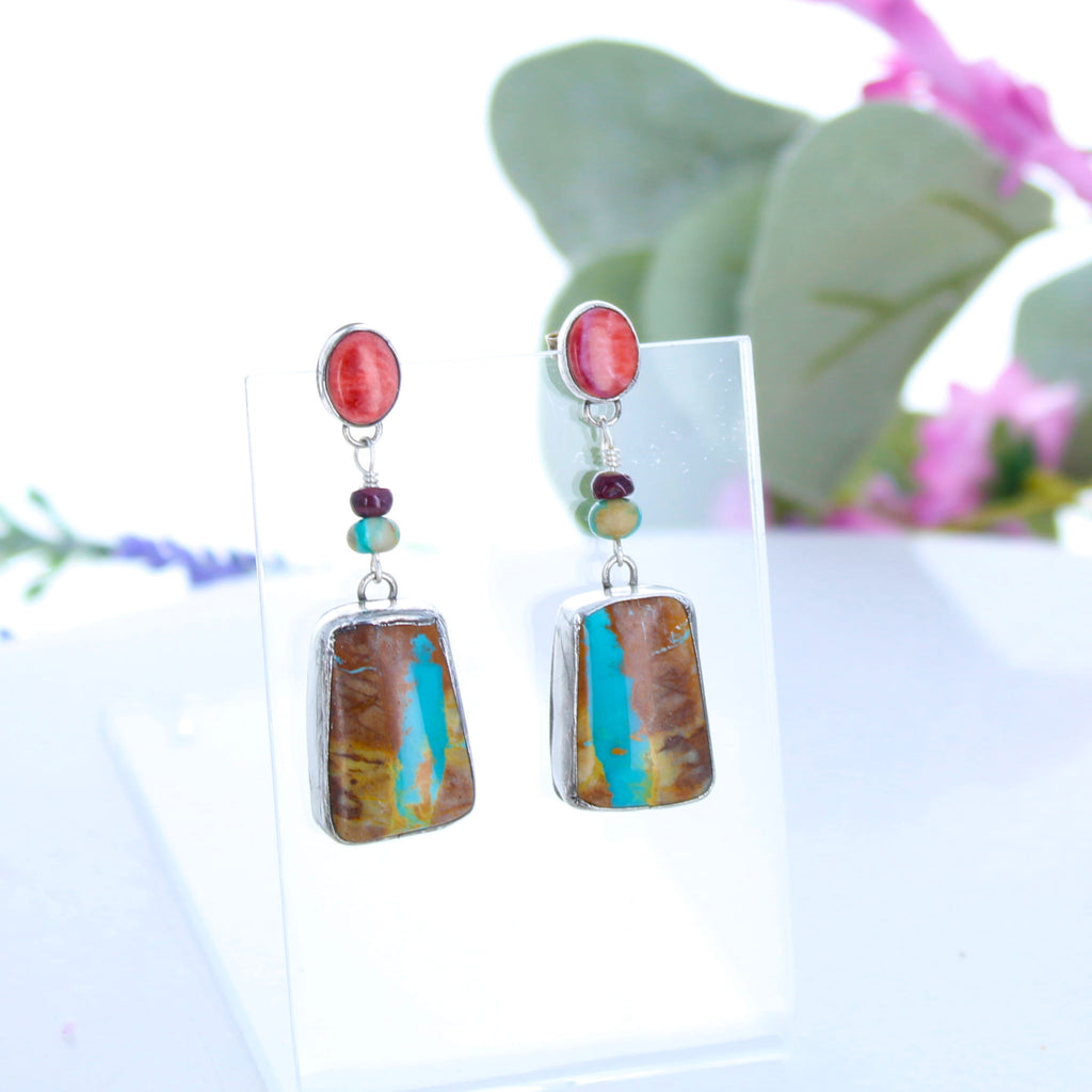 Dramatic Royston Turquoise Red Orange Spiny Oyster Earrings Southwest