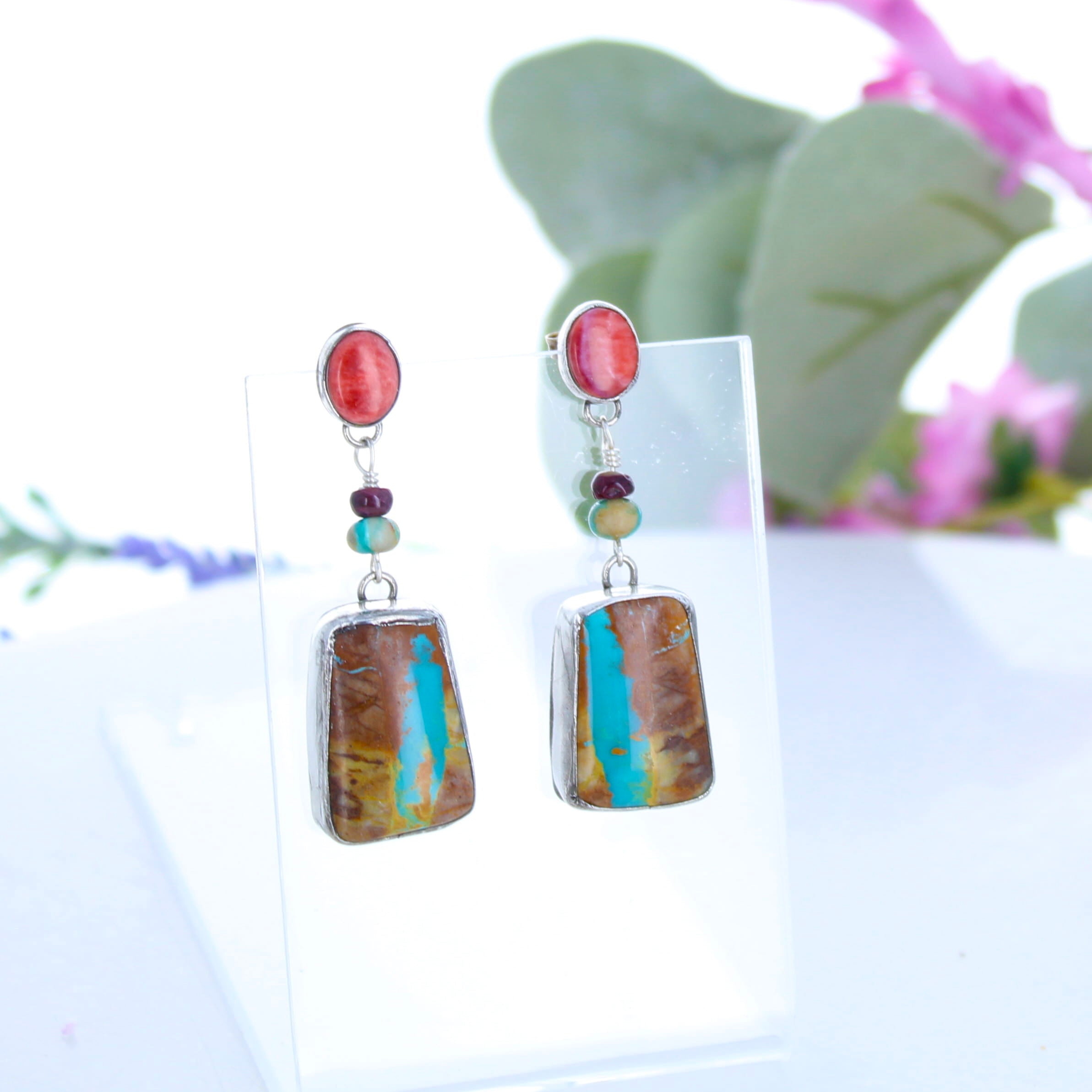 Dramatic Royston Turquoise Red Orange Spiny Oyster Earrings Southwest