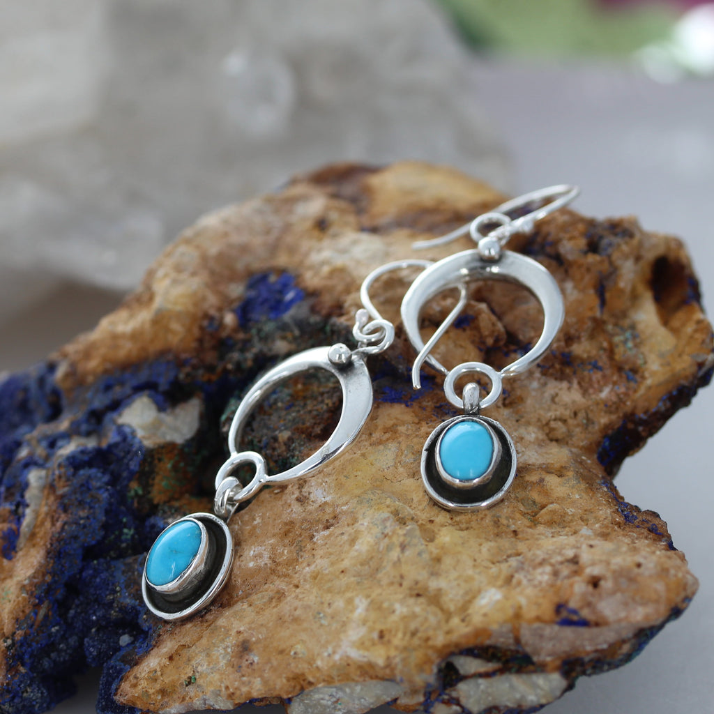 Blue Bird Turquoise Naja Moon Earrings Sterling Silver