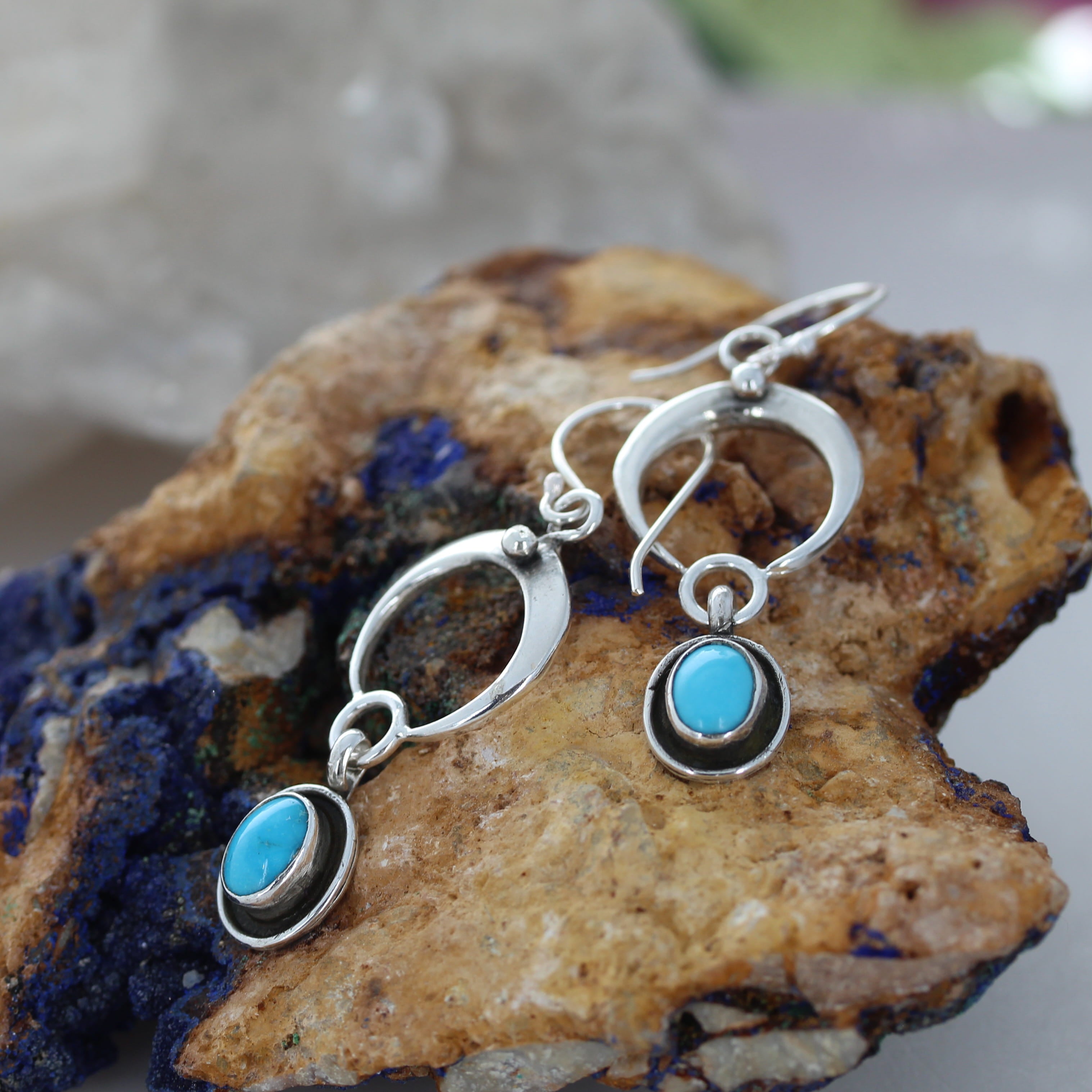 Blue Bird Turquoise Naja Moon Earrings Sterling Silver