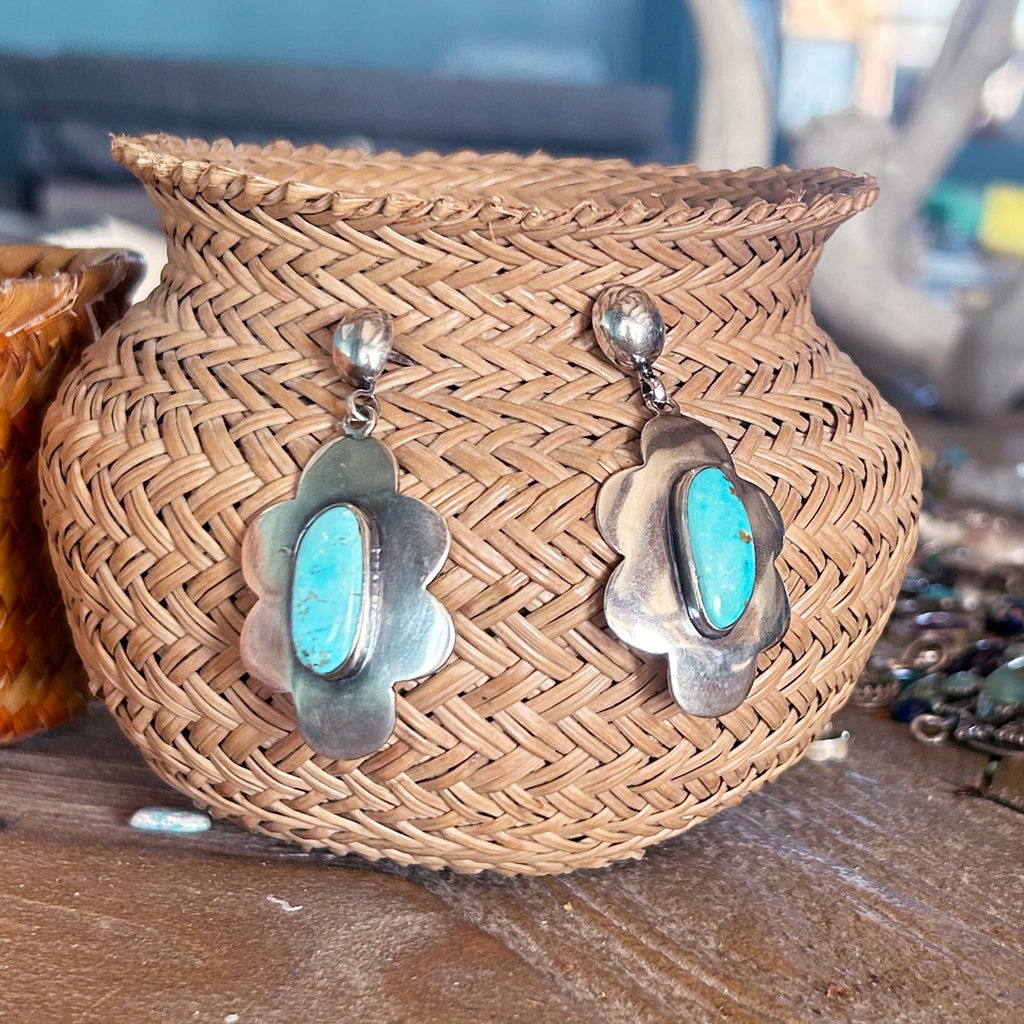 Blue Moon Turquoise Flower Design Earrings Sterling