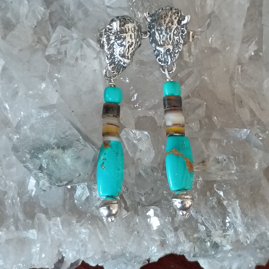 Buffalo Head and Blue Carico Lake Turquoise Earrings Sterling Southwestern