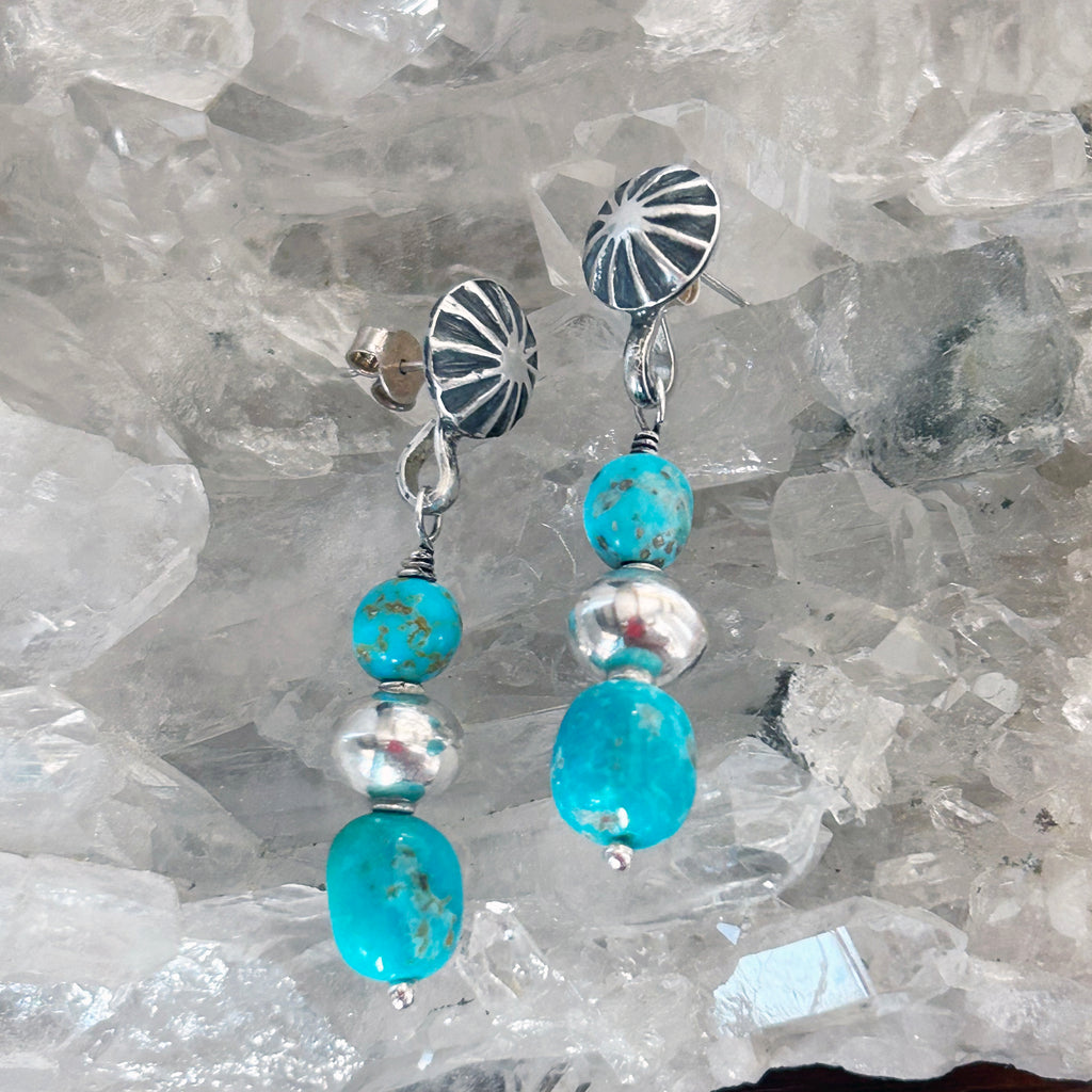 AAA Blue Sonoran Rose Turquoise Earrings 2 Stone Sterling Sunburst Posts